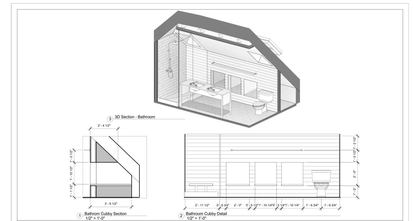 A bathroom tucked under the roofline.