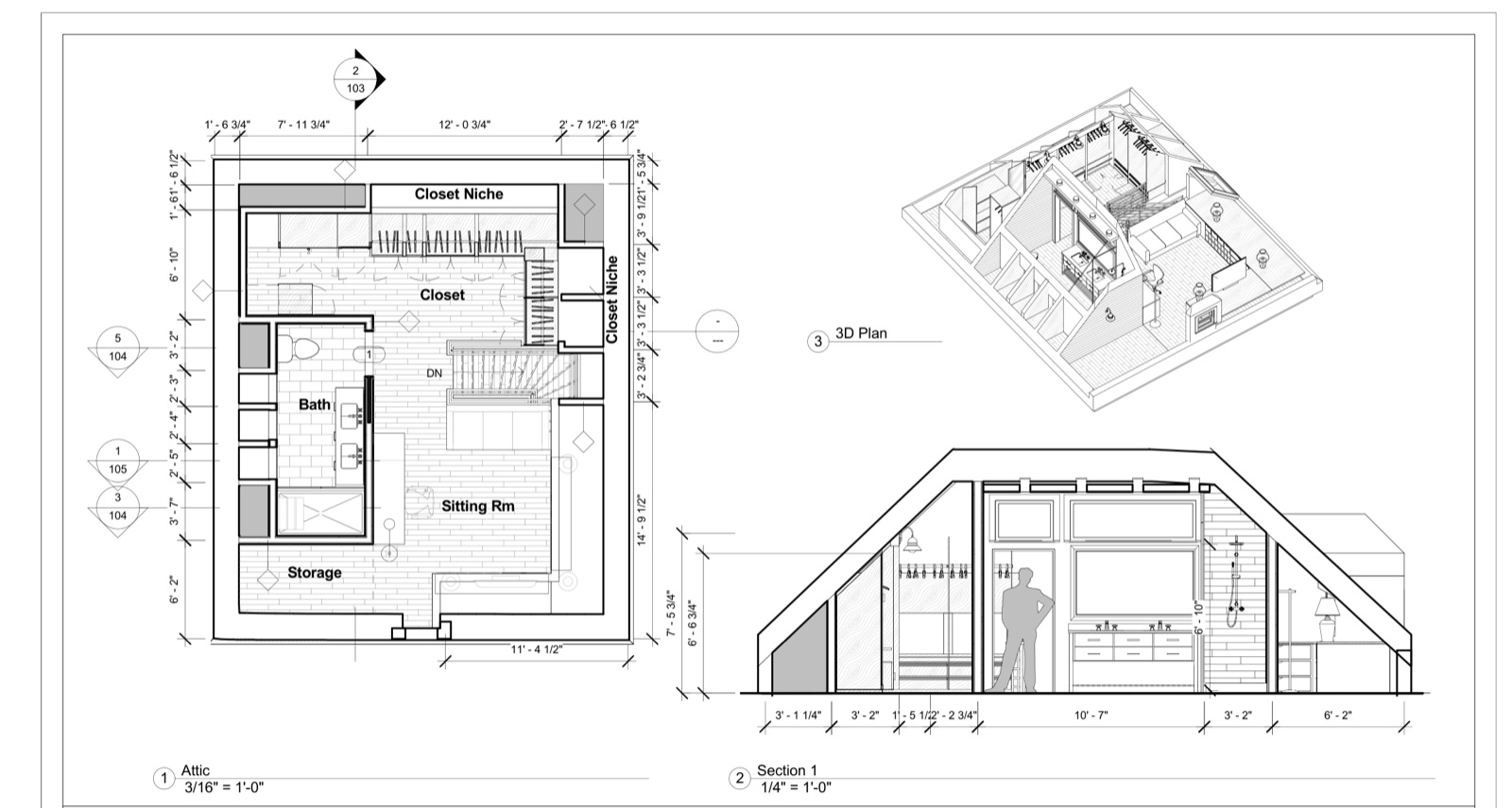 Plan and section — closet, bath, and sitting room in the eaves.