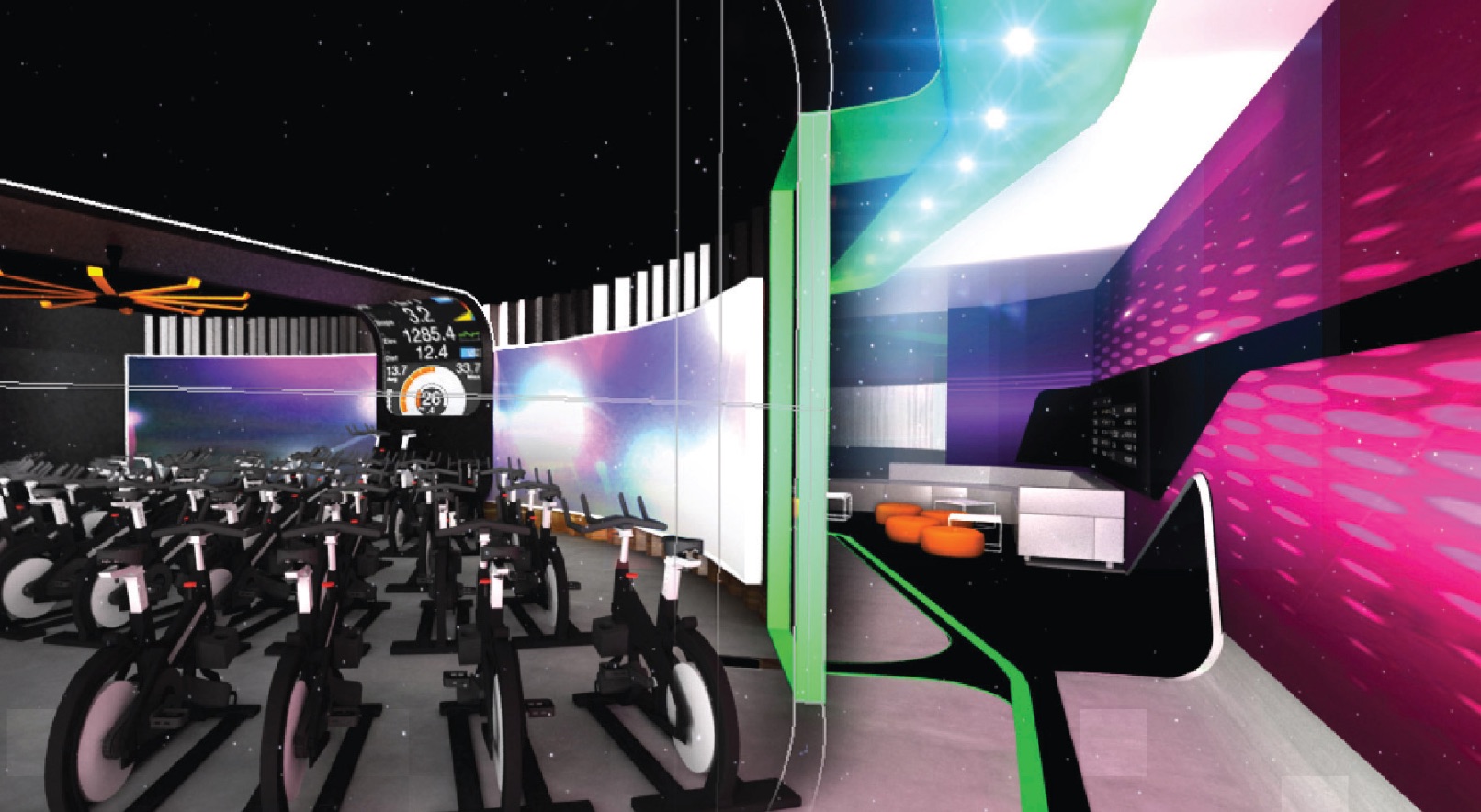 The spin studio — a neon-lit room built for performance.