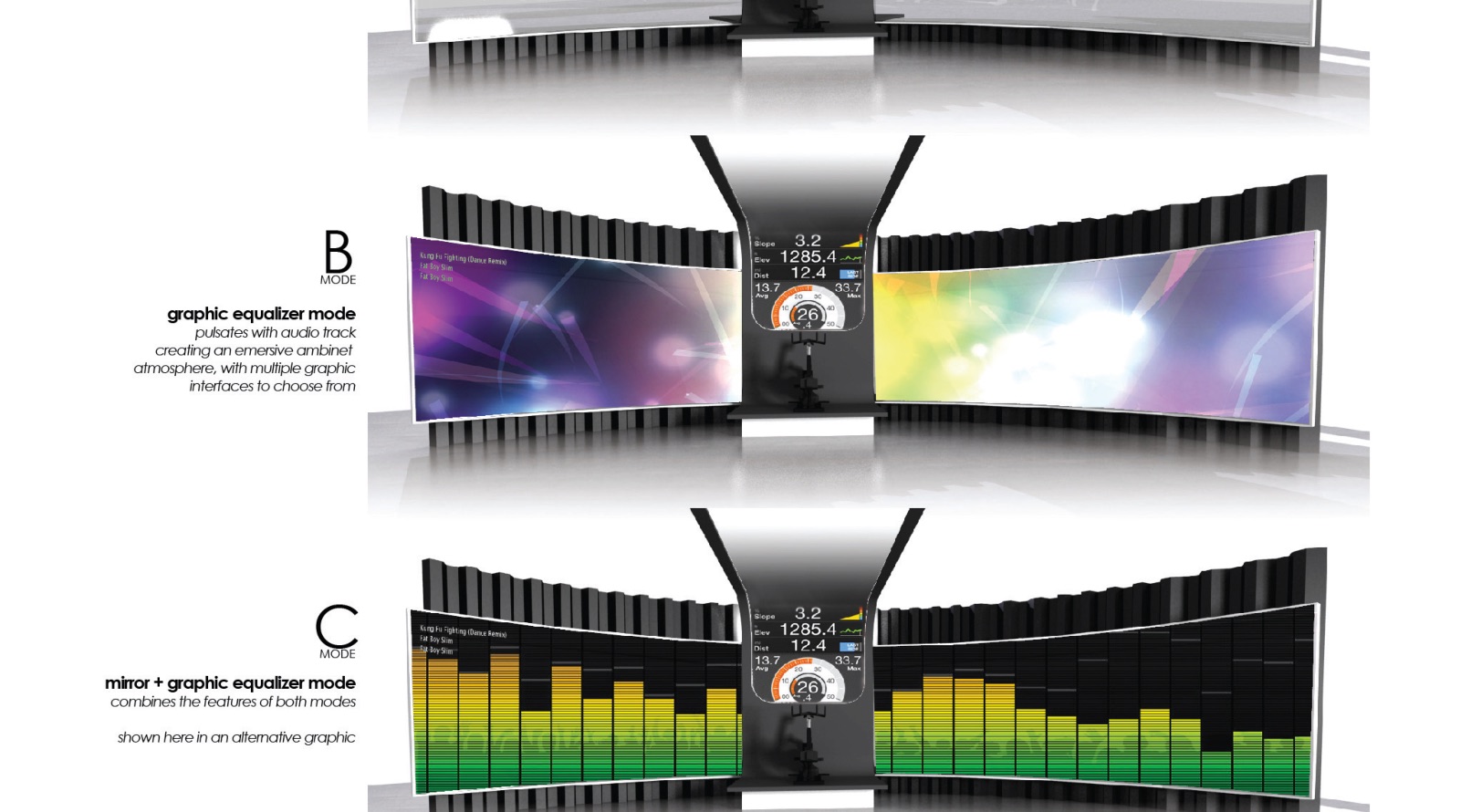 Digital mirror walls that shift between reflection and graphic equalizer.