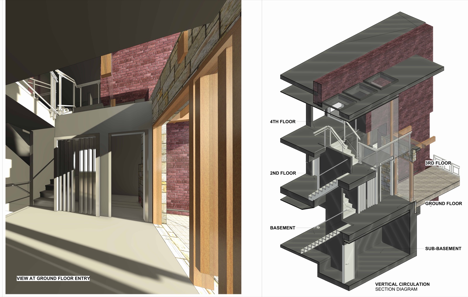 Interior and a vertical-circulation section threading every level.