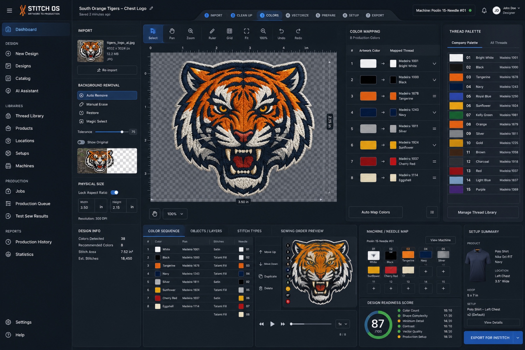 Stitch OS — the production backend that turns uploaded artwork into a stitch-ready file: color mapping, thread palette, machine assignment, and a design-readiness score.