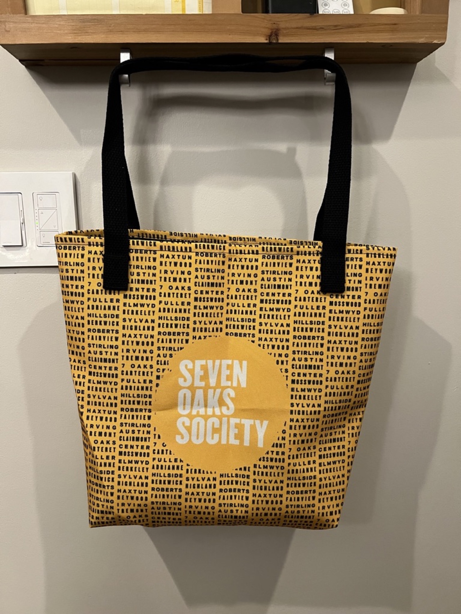 Identity in use — the branded tote, patterned with the streets of the South Ward.