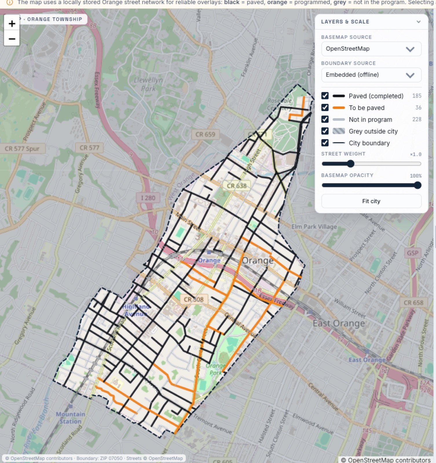 A live GIS map of the city — paved, programmed, and not-in-program streets.