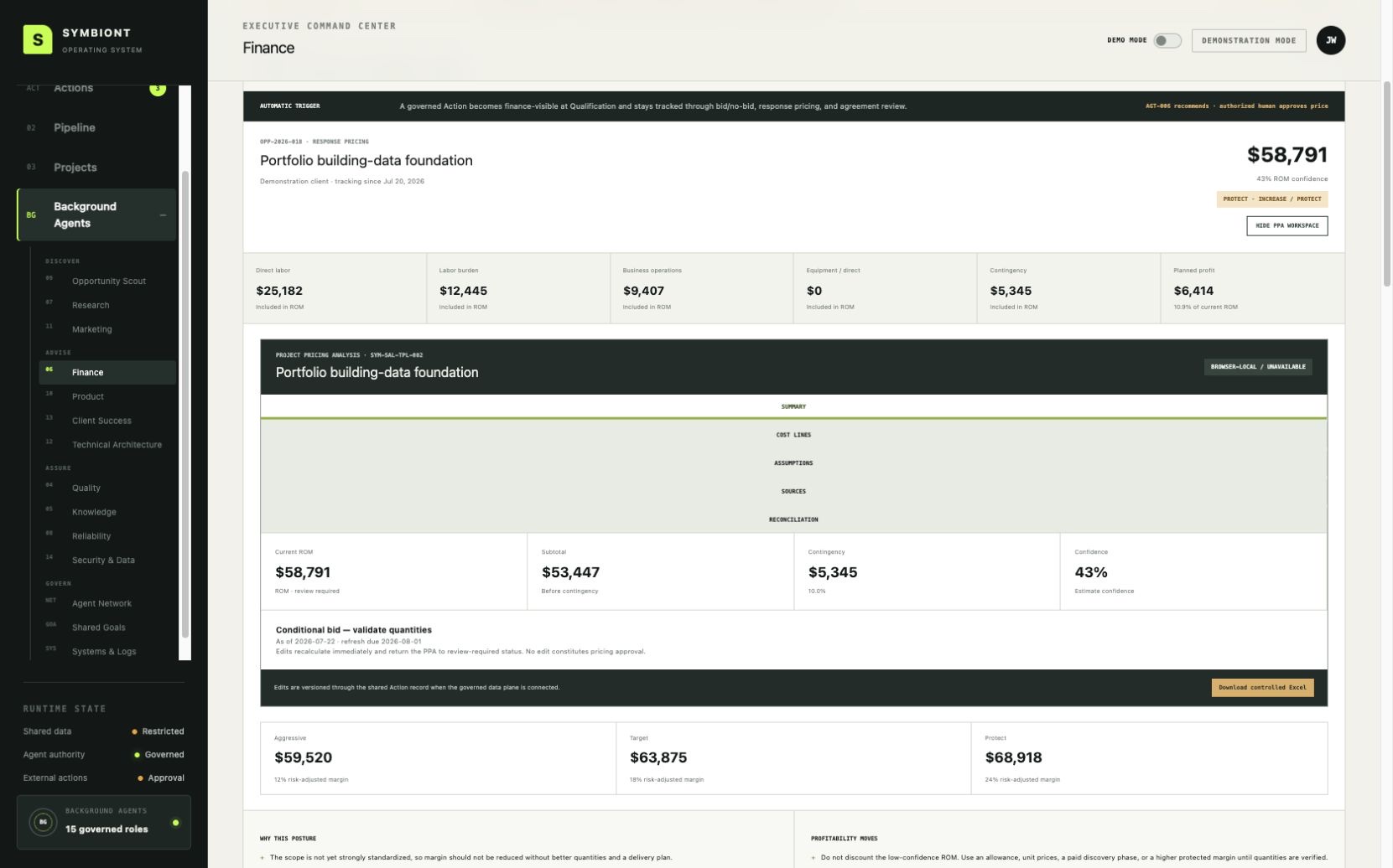 Estimating agent broadcast — a pricing posture shared across the network, with exact pricing still requiring human approval.