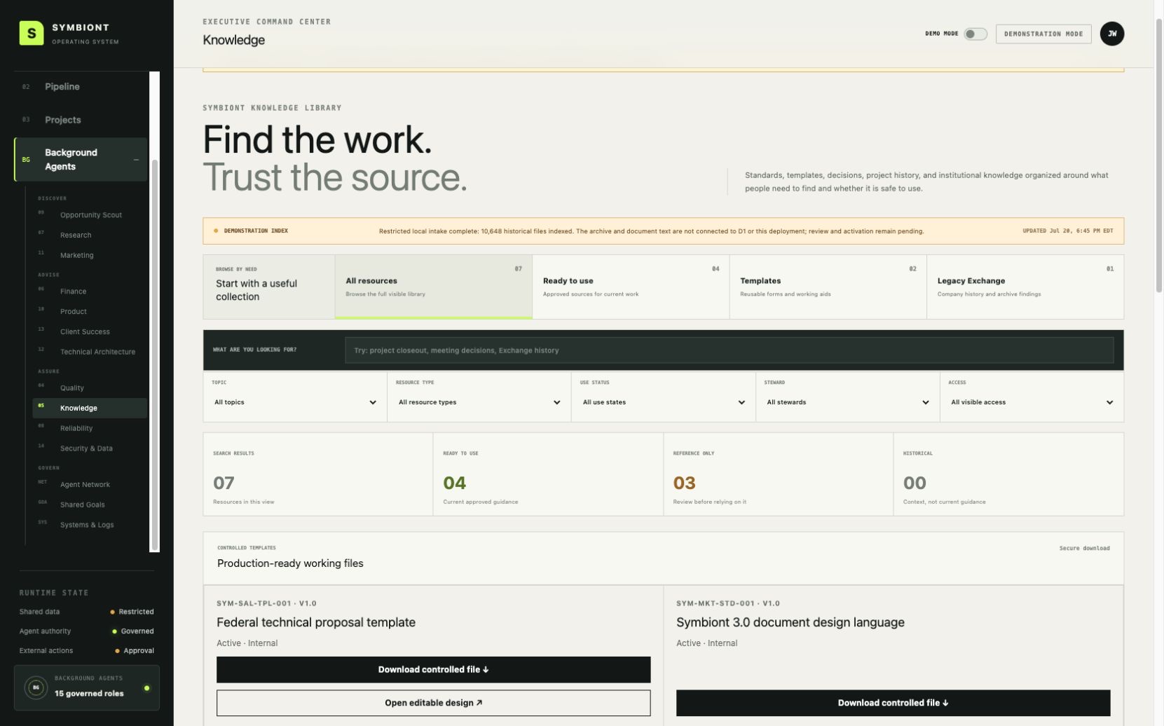 Knowledge — “Find the work. Trust the source.” A single, stewarded library of standards, templates, and decisions.
