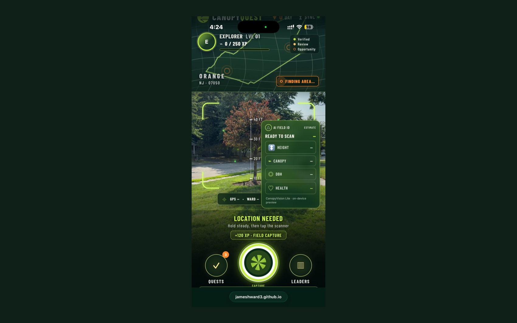 CanopyQuest — a gamified field app that turns residents into surveyors.