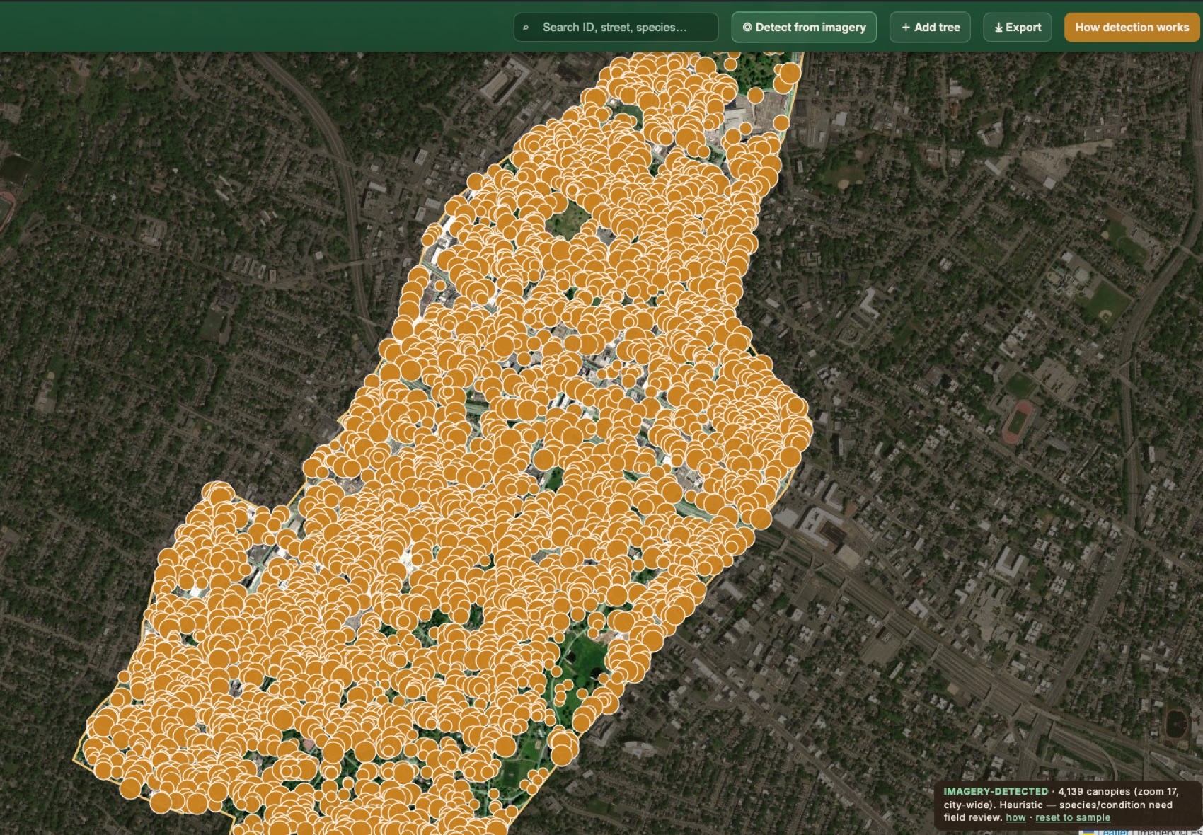 AI-detected canopy across the city — thousands of trees, mapped from imagery.